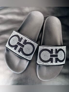 Salvatore Ferragamo Luxe Slides, Black Logo & Silver Ball Studs, Sz 9, Perfect!
